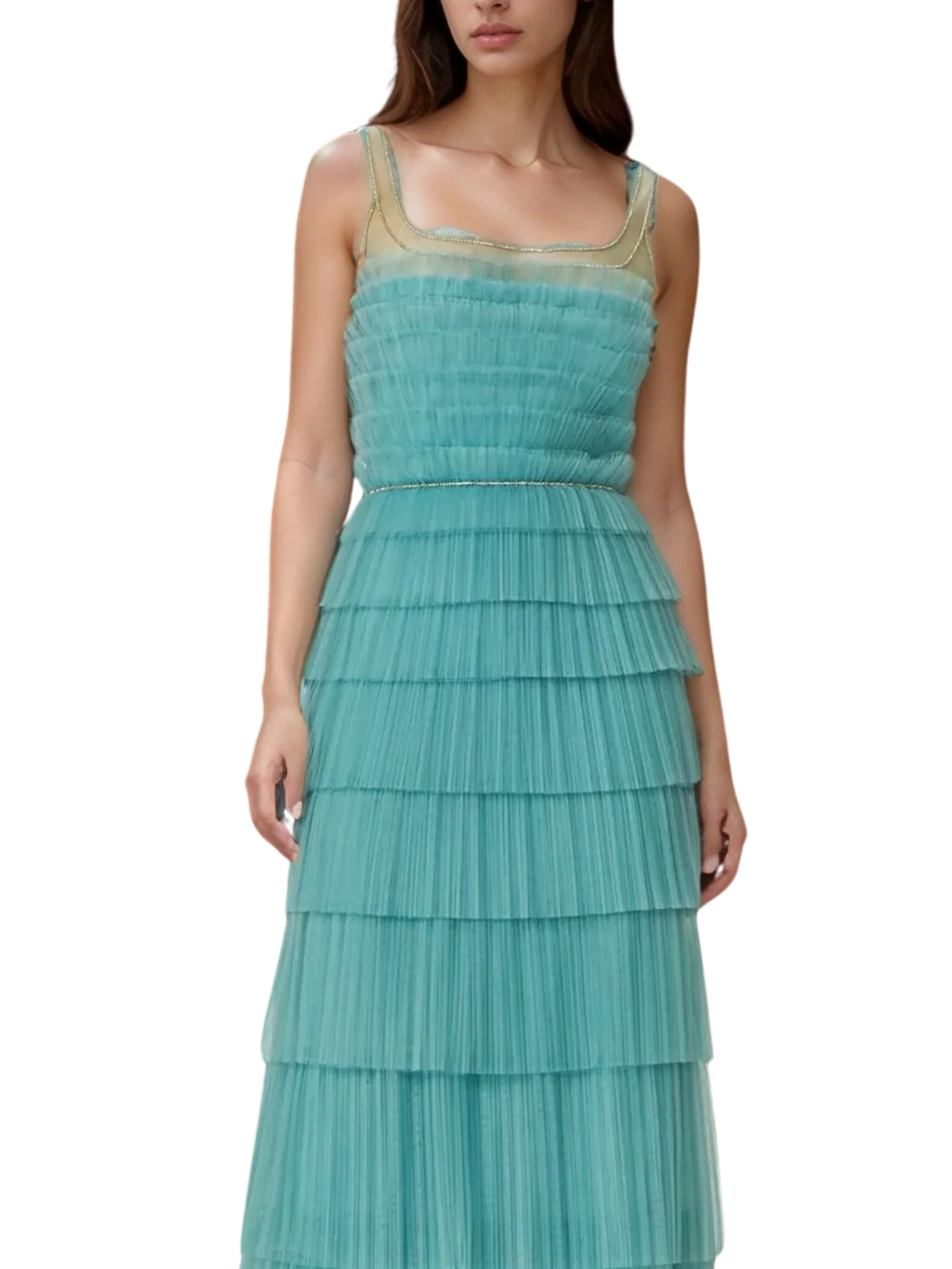 Arin plisse french tulle & chantilly lace tiered dress with illusion-neckline - Image 4