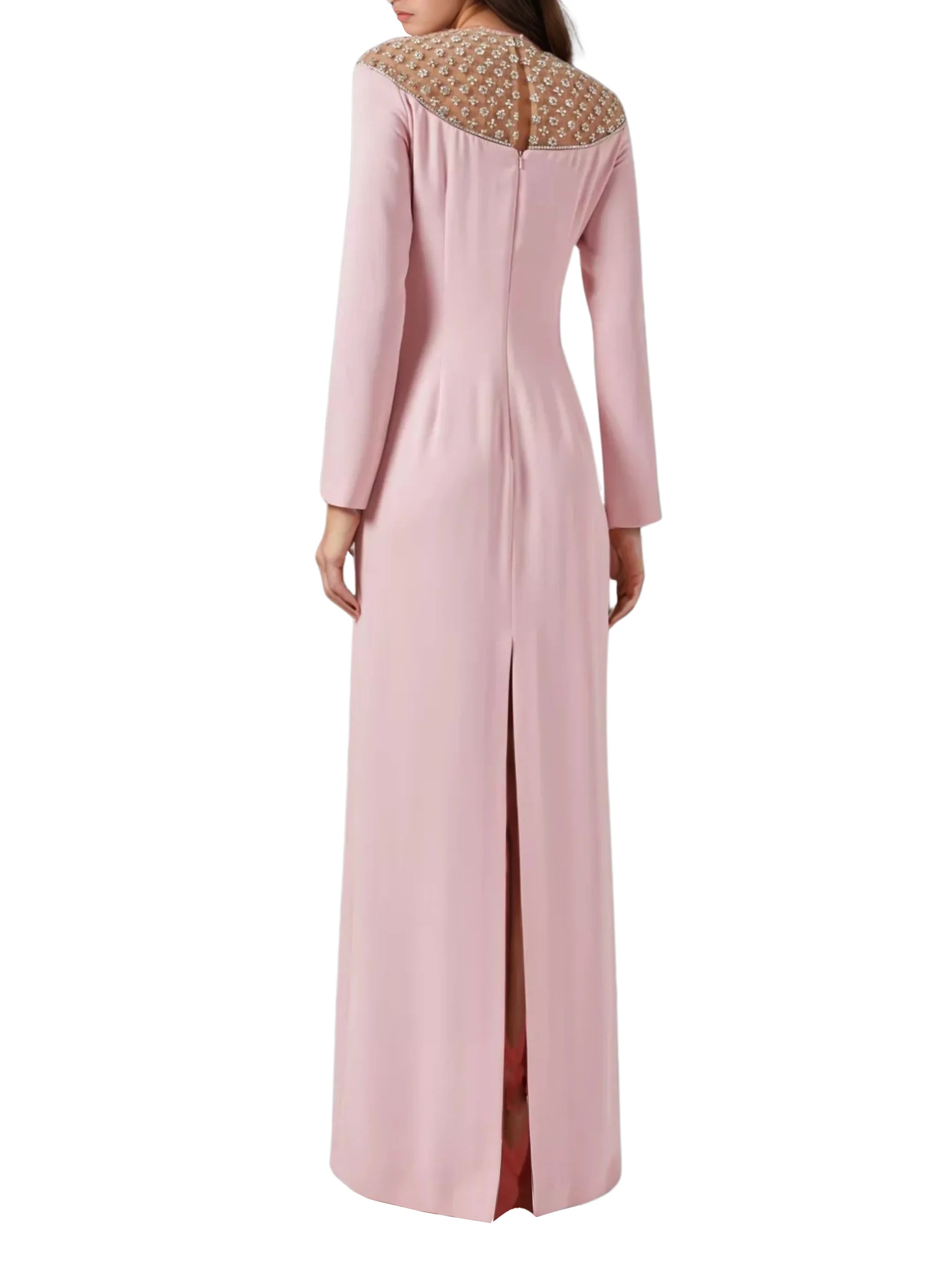 Raisa crepe long-sleeve gown with crystal-embellished tulle illusion neckline - Image 4