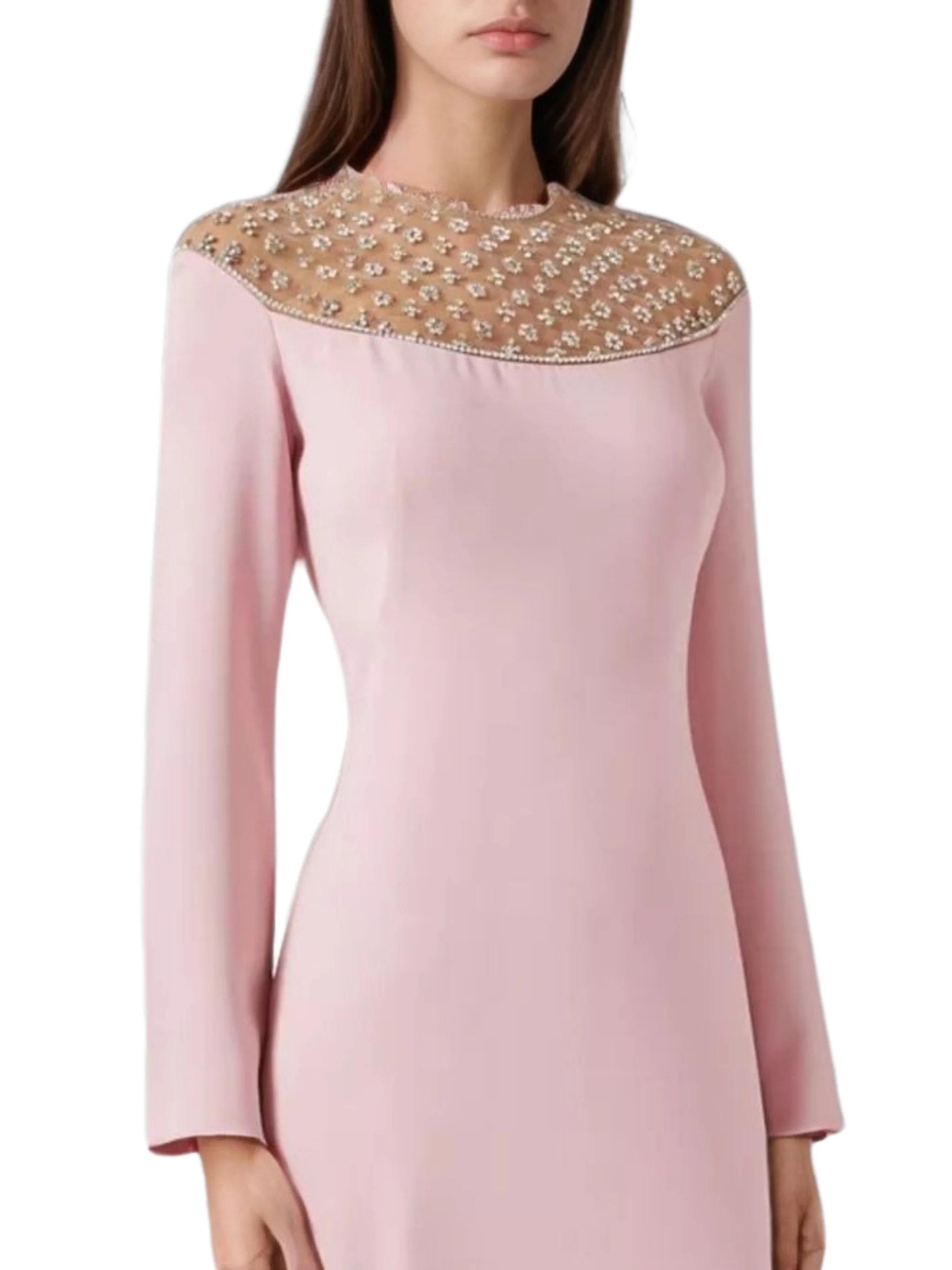 Raisa crepe long-sleeve gown with crystal-embellished tulle illusion neckline - Image 5